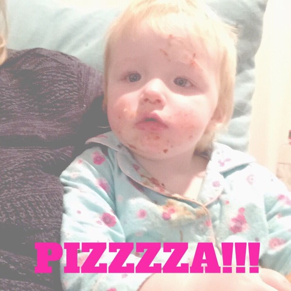 After demolishing three pizza slices. She is a pizza monnnnster!