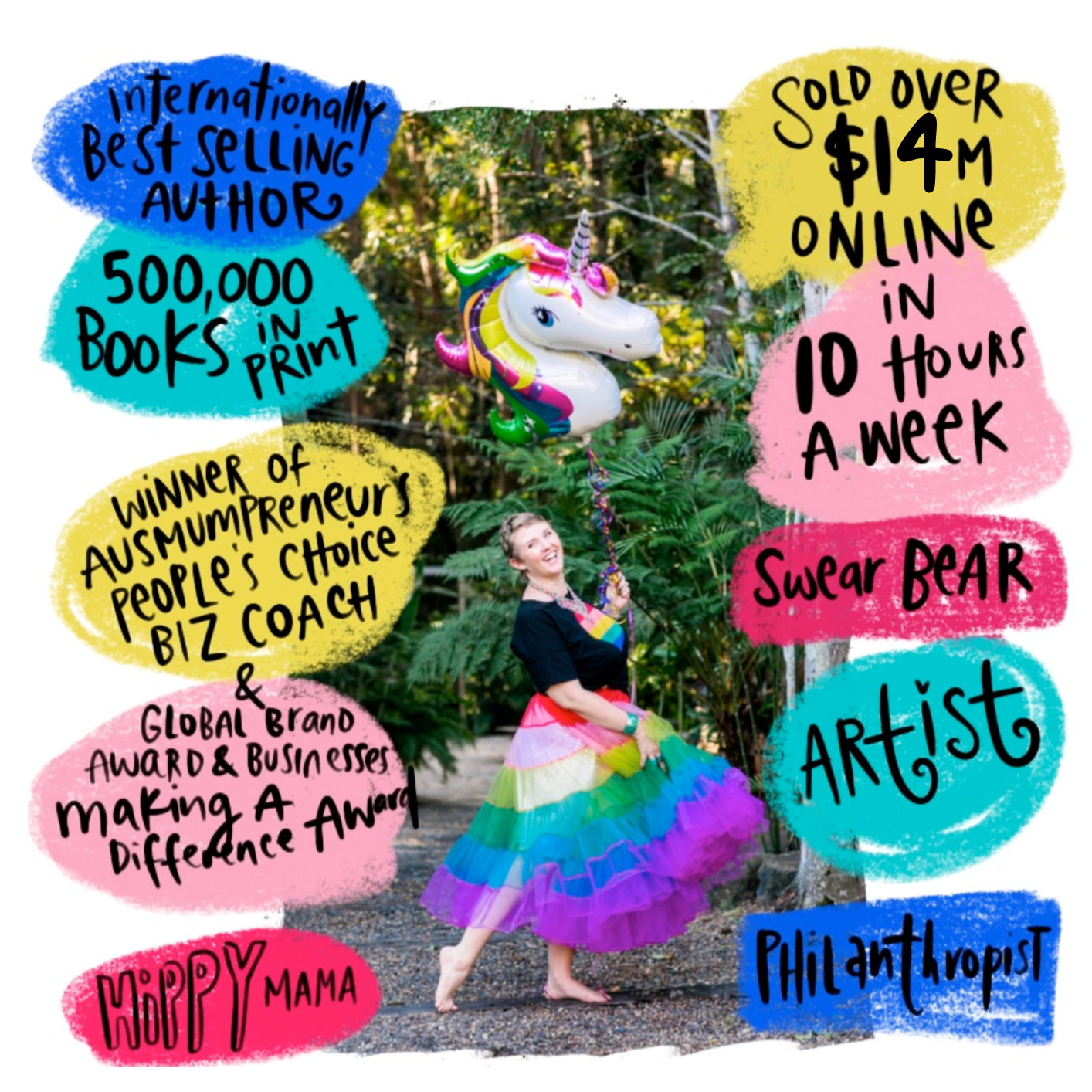 A photo of Leonie in the forest, she is wearing a rainbow tulle skirt and holding a unicorn balloon. Around her are 10 crayon style blocks with the following texts - Internationally Best Selling Author - 500,000 Books in Print -Winner of Ausmumpreneur's People Choice Biz Coach & Global Brand Award & Businesses Making a Difference Award - HIppy Mama - Sold over 14M Online - In 10 hours a week - Swear Bear - Artist -Philanthropist