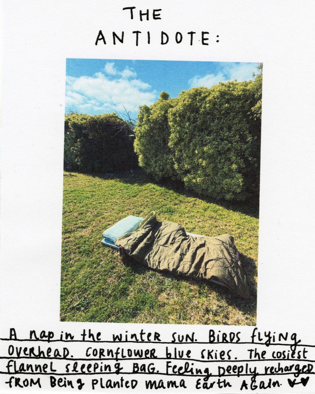 The antidote: a nap in the winter sun, in the cosiest flannel sleeping bag on the grass.